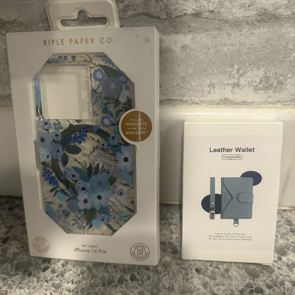 Rifle Paper Co. Blue Floral iPhone 14 Pro Case and MagSafe Blue Leather Wallet